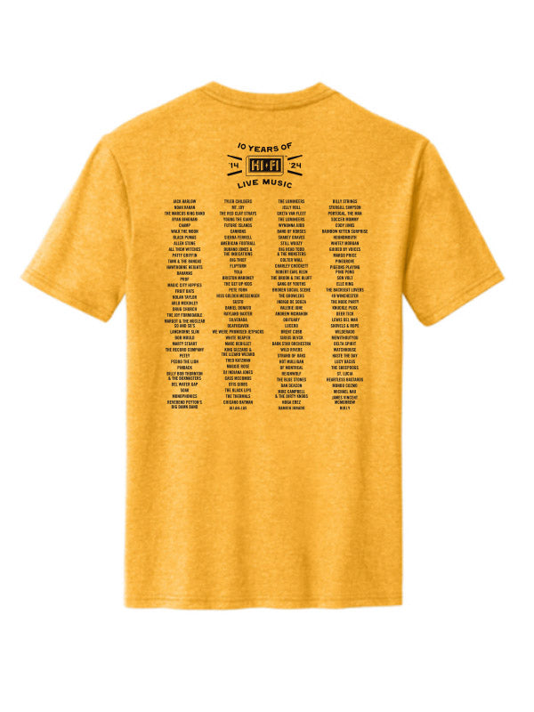 Load image into Gallery viewer, HI-FI 10 Year Anniversary Yellow Stage Wall Logo T-Shirt
